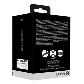BDSM-selen levereras i svart förpackning, perfekt för bondage och dominanslek, med text och produktbilder på baksidan.