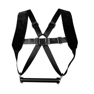 BDSM-selen har svarta justerbara vadderade remmar och en horisontell stång i botten, perfekt för bondage eller dominanslekar, visas mot en vit bakgrund.