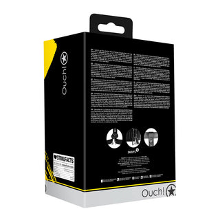 Svarta och gula förpackningar har text, ikoner och "Ouch!" längst ner - perfekt för alla som är intresserade av PU Läder Kyskhetsbälte Dam eller vill utforska BDSM-essentials.