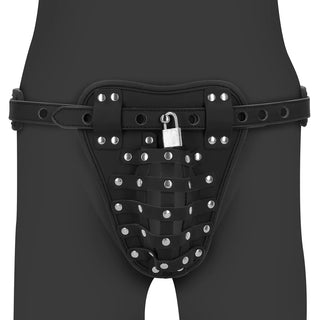 Svart PU Jockstrap med Lås är en svart dubbad jockstrap tillverkad av PU-läder med ett säkert hänglås, perfekt för BDSM-samling och utformad för att bäras runt midjan och ljumsken.