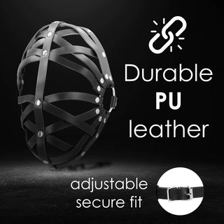 Lädermask med Remmar: Svart PU-lädermask med justerbara remmar och robusta metalldetaljer-perfekt för BDSM eller rollspel.