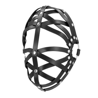 Utforska din vilda sida med Lädermask med Remmar - ett svart huvudharnesk med silvernitar och en öppen, burliknande design, perfekt för äventyrliga BDSM-rollspel.