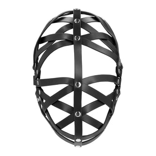 Lädermask med Remmar-en svart huvudsele i läder med silvernitar, perfekt för rollspel och BDSM-lek, fotograferad mot vit bakgrund.