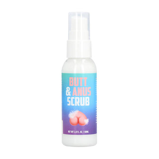 Flaskan märkt "Butt & Anus Scrub" har en lugnande persikaillustration som erbjuder skonsam peeling med närande aloe vera i en storlek på 50 ml (1,7 fl oz).