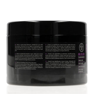 FistIt Anal Relaxer 500 ml levereras i en svart burk med en lila etikett till höger och flerspråkiga instruktioner. Detta vattenbaserade smörjmedel är perfekt för analsex.