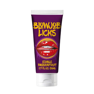 En lila tub märkt Passionsfrukt Body Lick 50 ml med röda läppar och en vit mössa—perfekt för oralsex med läcker passionsfruktsmak och ätbar body lick.