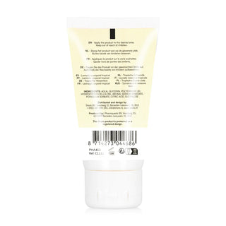 Baksidan av Tropisk Body Lick 50 ml-tuben som visar instruktioner och ingredienser på flera språk, med exotiska frukter för en antydan till tropisk doft.