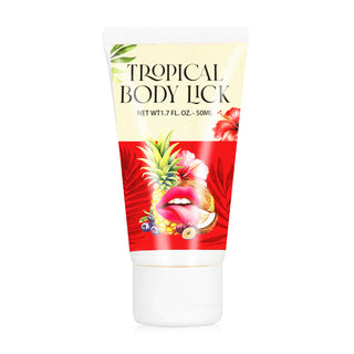 En 50 ml tub märkt Tropisk Body Lick med exotiska frukter och läppgrafik på en röd och gul bakgrund, vilket antyder dess oemotståndliga tropiska doft.
