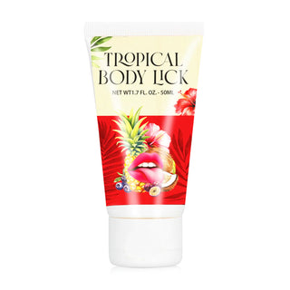 En 50 ml tub märkt Tropisk Body Lick med exotiska frukter och läppgrafik på en röd och gul bakgrund, vilket antyder dess oemotståndliga tropiska doft.