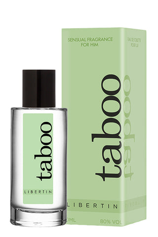 Taboo Libertin Parfym Man 50ml kommer i en klarglasflaska märkt "Taboo" bredvid en matchande grön låda med svarta accenter, och erbjuder en orientalisk herrdoft berikad med feromoner.