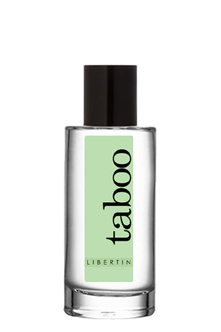 Taboo Libertin Parfym Man 50ml: Parfymflaska i klarglas med svart lock och grön etikett, som erbjuder en orientalisk herrdoft berikad med feromoner för oemotståndlig lockelse.