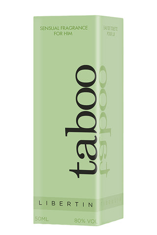 Ljusgrön ask av Taboo Libertin Parfym Man 50ml, med fet svart text och minimalistisk design. Denna orientaliska herrdoft med feromoner ger en unik lockelse till din doftsamling.