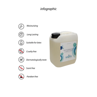 Shots Vattenbaserat Glidmedel 5L är ett vattenbaserat smörjmedel i en snygg behållare med ikoner som visar dess fuktgivande fördelar, långvariga effekter och kompatibilitet med latexkondomer. Denna grymhetsfria, doftfria formula är dermatologiskt testat och parabenfri för din sinnesfrid.
