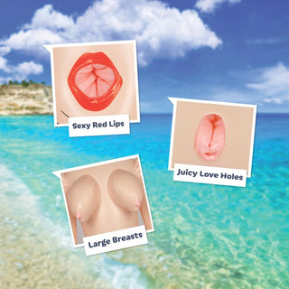 Tre produktbilder med textetiketter: Sexiga röda läppar, Juicy Love Holes och Mia More Uppblåsbar Kärleksdocka på en strandbakgrund.