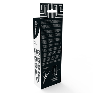 Analkulor Addicted Toys 29cm kommer i en svart och vit låda med text, geometriska mönster och illustrationer som framhäver dess flexibla, supermjuka kroppssäkert silikonmaterial.