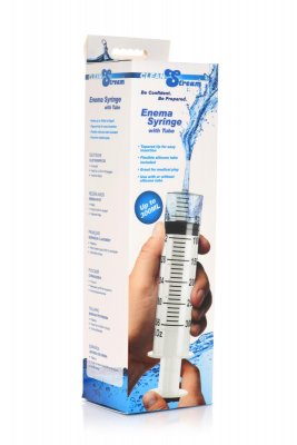 En vit låda med 300 ml spruta W Tube, med blått märke och design med vattenstänk – en hygienisk lösning för dina behov.