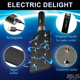 E-Stim Spiked Paddle, i elegant svart, kombinerar elektrisk stimulering med veganskt läderhantverk. Uppladdningsbar och med spetsdesign ger den en förhöjd upplevelse med märkta innovativa höjdpunkter.