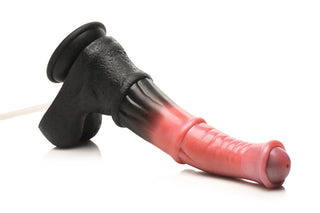 Centaur Explosion Squirting Dildo är en silikonleksak med en fantasidrakinspirerad design, svarta och röda nyanser och en sugkoppsbas för handsfree-spel.