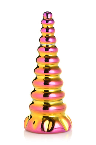 XR Brands Unicorn Glass Dildo, med sin guld- och rosa gradient och spiralkonform, gjord av borosilikatglas, glittrar elegant mot en vit bakgrund.