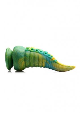 Monstropus Tentacled Silikon Dildo är en färgstark, horisontell tentakelform med sugkoppar som blandar levande gröna, gula och blå nyanser.