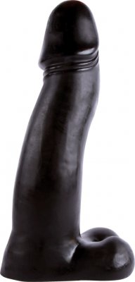 Ett elegant, svart cylindriskt föremål som liknar Stor Dildo - 45 cm står upprätt med en rundad topp på en platt bas.