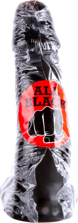 Ett svart föremål, inslaget i plast med en röd etikett med en knytnäve, visar texten "All Black". Den har likhet med Stor Dildo - 45 cm.