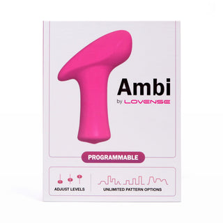 Box som innehåller Lovense Ambi, en rosa programmerbar vibrator med justerbara nivåer och mönster för exakt stimulering och minnesvärda upplevelser.