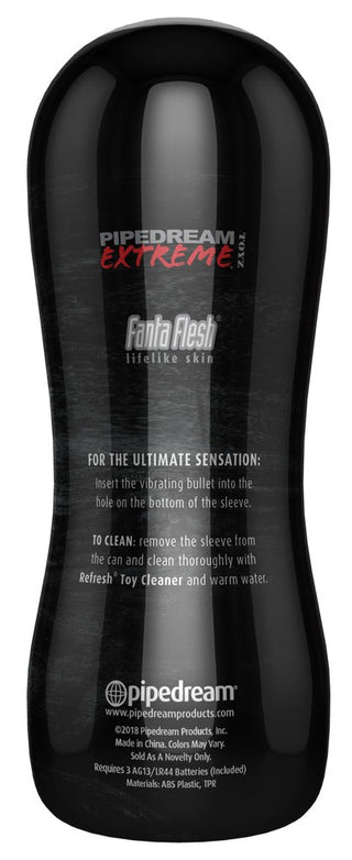 PDX Elite - Realistisk Anal Vagina Vibrationer i svart har Pipedream Extreme och Fanta Flesh-text, och erbjuder realistiskt material för förbättrade upplevelser. Den innehåller detaljerade rengöringsinstruktioner och subtila vibrationer, som utlovar en verklighetstrogen touch för oöverträffade sensationer.