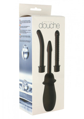 Anal Dusch Kit - Intim Till Rumpan" kommer i en låda med vattendroppsgrafik och inkluderar en svart analdusch med tre tillbehör för intim rengöring.