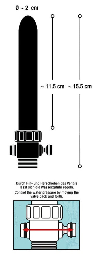 Illustration av Total Splash - Intim Dusch Till Rumpan-ventil med mått, som visar hur man kontrollerar vattentrycket genom att flytta det fram och tillbaka för en överlägsen upplevelse.