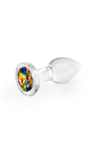 Vi presenterar Glas Rainbow Buttplug Small, en lockande pjäs gjord av högkvalitativt glas. Denna erotiska sexleksak visar upp en kropp av klart glas och en fantastisk regnbågsfärgad, facetterad ädelstensbas, elegant isolerad på en vit bakgrund.