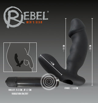 Prostatavibrator 15 cm Rebel är en svart prostatamassager för män med en kulvibrator för vibrerande stimulanser, tydligt märkta dimensioner och med varumärket Rebel Mens Gear.