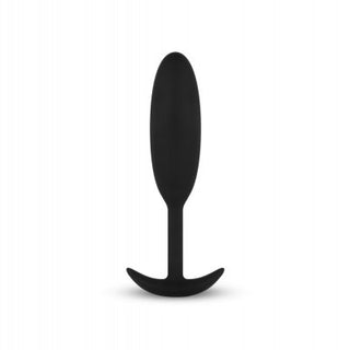 Buttplug Med Tyngd Small i svart silikon med en T-formad bas, visad på vit bakgrund.