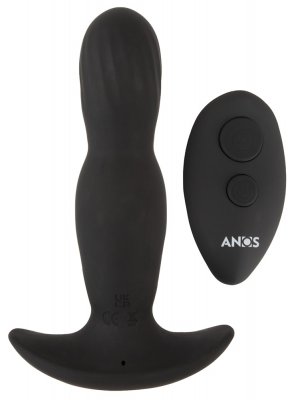 Anos Finest Buttplug Med Fjärr är en premium svart silikon vibrerande analplugg med ergonomisk design och en praktisk fjärrkontroll, allt mot en vit bakgrund.