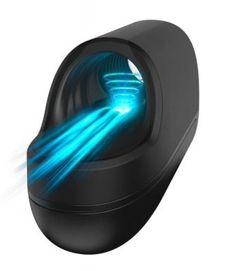 Arcwave Ion Masturbator är en elegant svart handhållen enhet med ett glödande blått spiralljus som använder avancerad lufttrycksteknologi för sömlös prestanda.