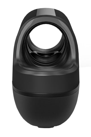 Framifrån av en svart, cylindrisk Arcwave Ion Masturbator mot en vit bakgrund, som visar upp dess eleganta design.