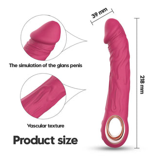 Rosa silikon-dildovibrator med rund topp, vaskulär yta och loophandtag, 218 mm lång och 39 mm bred.