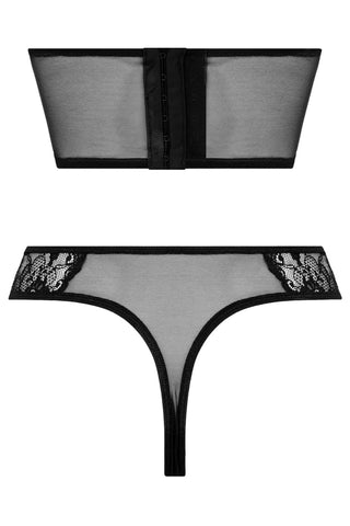 Halv Korsett Med Trosa är ett svart underklädesset med en axelbandslös bandeau-bralette med krokförslutning på baksidan och en matchande stringtrosa, tillverkad av skirt nätmaterial med delikata spetsaccenter.