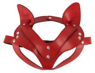 Katt Ögonmask - Bad Kitty är en rävmask i rött läder prydd med metalldubbar och spetsiga öron, idealisk för kattmaskfantaster eller djurleksentusiaster.