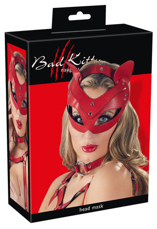 Förpackningen innehåller Katt Ögonmask - Bad Kitty, uppvisad av en modell som bär koordinerande tillbehör, idealisk för rollspel eller husdjursentusiaster.