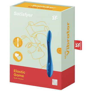 Box av Satisfyer Elastic Joy blå med blått, abstrakt designtryck.