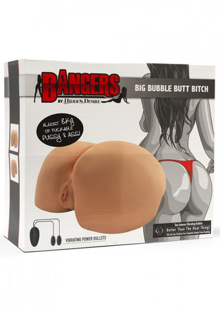 Big Bubble Butt Masturbator-förpackningen har designen av en Bangers-leksak, inklusive en illustration av en kvinna i en röd stringtrosa och både vaginal- och analöppningar för en autentisk upplevelse.