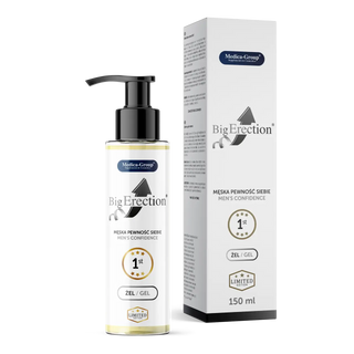 150 ml boxbehållare med BigErection Intim Gel med värmande effekt, med vit och röd design på en slät bakgrund.