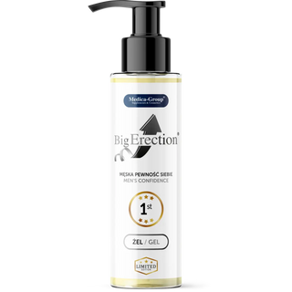 150 ml pumpflaska med BigErection Intim Gel, svart plast med röd och vit märkning, svensk text värmande effekt synlig.