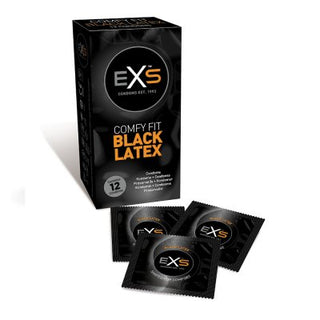 EXS Svarta Kondomer - 12 st är tillverkade av högkvalitativt latexmaterial, med förpackningen som visar tre individuella förpackningar framför för fullt skydd.