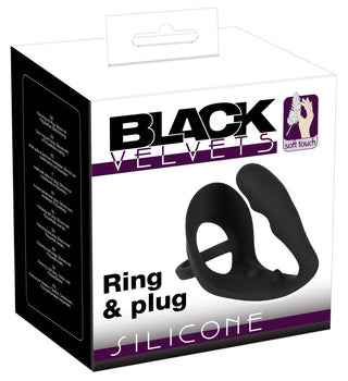 Utforska den eleganta förpackningen av Ring & Plug Black Velvets-setet, med en elegant silikonring och analplugg designad för komfort och stil.