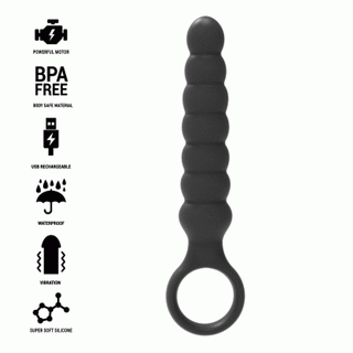 Silver Bob Powerful Anal-Beads är gjorda av premium silikon, med en elegant svart design med ett öglahandtag. Den är framhävd för att vara BPA-fri och vattentät.