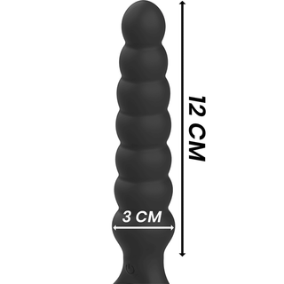 Silver Bob Powerful Anal-Beads, gjorda av premium silikon i en svart texturerad finish, mäter 12 cm långa och 3 cm breda, elegant utställda på en vit bakgrund.