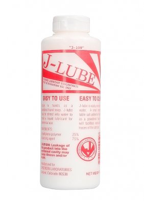 J-Lube Lubricant Powder kommer i en vit flaska prydd med fet röd text och designelement.