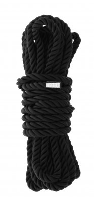 Ett lindat 5-meters svart nylonbondage-rep med en silveretikett.